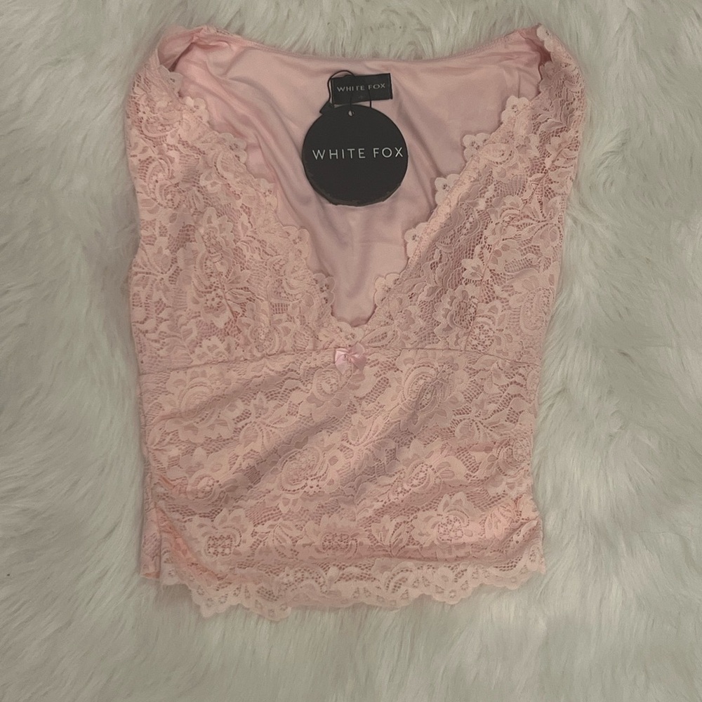 White Fox Boutique Let's Just Talk Lace Top Baby Pink